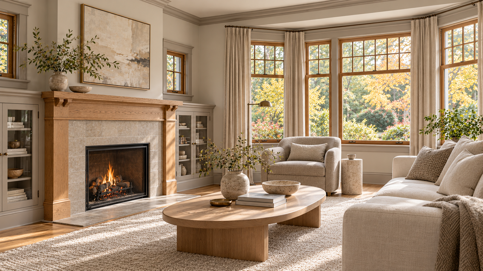 A refreshed Arts & Crafts living room with light oak, warm grey finishes, beige furnishings and autumn garden views